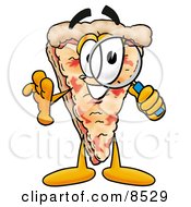 Slice Of Pizza Mascot Cartoon Character Looking Through A Magnifying Glass