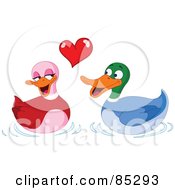 Poster, Art Print Of Two Adorable Ducks In Love Under A Red Heart