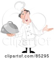 Poster, Art Print Of Chubby And Happy Male Chef Shrugging And Holding A Platter