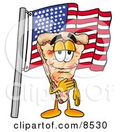 Slice Of Pizza Mascot Cartoon Character Pledging Allegiance To An American Flag