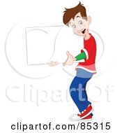 Poster, Art Print Of Happy Brunette Boy Holding A Blank Sign