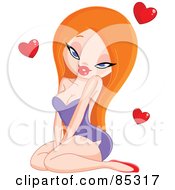 Sexy Red Head Woman Sitting In A Purple Dress With Red Hearts