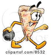 Slice Of Pizza Mascot Cartoon Character Holding A Bowling Ball by Mascot Junction