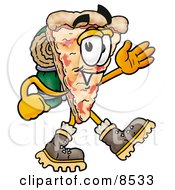 Slice Of Pizza Mascot Cartoon Character Hiking And Carrying A Backpack