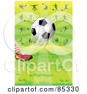 Cleated Foot Kicking A Soccer Ball With Silhouetted Athletes Over Green