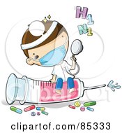 Royalty Free RF Clipart Illustration Of A Cute Male Doctor Wearing A Mask And Headlamp Holding Up A Stethoscope And Sitting On A Syringe by mayawizard101