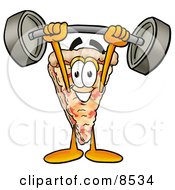 Clipart Picture Of A Slice Of Pizza Mascot Cartoon Character Holding A Heavy Barbell Above His Head by Mascot Junction