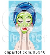 Relaxed Woman Touching A Green Mask On Her Face Her Hair In A Towel