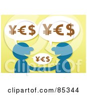 Royalty Free RF Clipart Illustration Of Blue Silhouetted Men Shaking Hands With Yes Yen Euro And Dollar Symbols