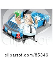 Car Salesman Holding Cash And Standing By A Blue Car