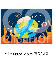 Royalty Free RF Clipart Illustration Of An Ill Globe With A Thermometer And Cold Pack Over Flames On Blue