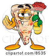Slice Of Pizza Mascot Cartoon Character Holding A Red Rose On Valentines Day