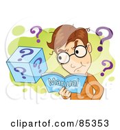 Royalty Free RF Clipart Illustration Of A Confused Man Reading A Manual Over Green And White With Question Marks by mayawizard101 #COLLC85353-0158