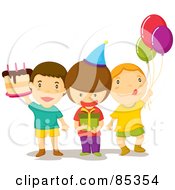 Three Birthday Party Guest Boys With A Cake Present And Balloons