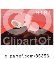 Royalty Free RF Clipart Illustration Of A Cute H1N1 Pig Wearing A Mask And Standing In Mud Over Pink