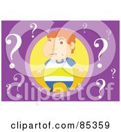 Poster, Art Print Of Confused Litle Boy In A Yellow Circle Surrounded By Question Marks On Purple