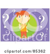 Poster, Art Print Of Wondering Red Haired Boy In A Green Circle Surrounded By Question Marks On Purple