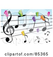 Royalty Free RF Clipart Illustration Of A Colorful Clips Pinning Music Notes To A Clothes Line Against A Cloudy Sky by mayawizard101 #COLLC85365-0158