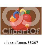 Royalty Free RF Clipart Illustration Of A Worm Couple With A Heart Emerging From An Apple Over Brown by mayawizard101