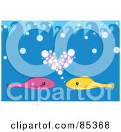 Poster, Art Print Of Pink And Yellow Fish With A Heart Of Bubbles In The Blue Sea