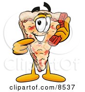 Slice Of Pizza Mascot Cartoon Character Holding A Telephone by Mascot Junction