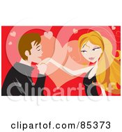 Poster, Art Print Of Young Man Kissing A Blond Womans Hand Over A Red And Pink Heart Background