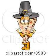 Slice Of Pizza Mascot Cartoon Character Wearing A Pilgrim Hat On Thanksgiving by Mascot Junction