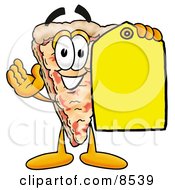 Slice Of Pizza Mascot Cartoon Character Holding A Yellow Sales Price Tag
