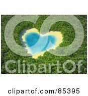Royalty Free RF Clipart Illustration Of A 3d Aerial View Down On A Blue Heart Shaped Lake In The Middle Of A Forest