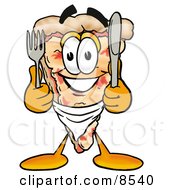 Slice Of Pizza Mascot Cartoon Character Holding A Knife And Fork