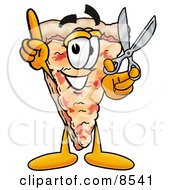 Slice Of Pizza Mascot Cartoon Character Holding A Pair Of Scissors