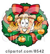 Slice Of Pizza Mascot Cartoon Character In The Center Of A Christmas Wreath