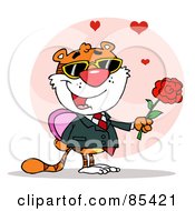 Poster, Art Print Of Romantic Tiger Holding A Box Of Candies And A Rose