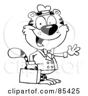 Outlined Salesman Tiger Waving And Carrying A Briefcase