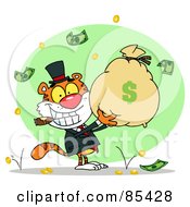 Poster, Art Print Of Successful Tiger Smoking A Cigar And Holding Up A Bag Of Money
