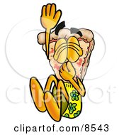 Poster, Art Print Of Slice Of Pizza Mascot Cartoon Character Plugging His Nose While Jumping Into Water
