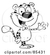 Royalty Free RF Clipart Illustration Of A Black And White Tiger Wearing A Bow Tie And Waving by Hit Toon