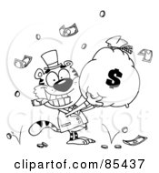 Royalty Free RF Clipart Illustration Of An Outlined Tiger Smoking A Cigar And Holding Up A Bag Of Money by Hit Toon