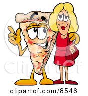 Poster, Art Print Of Slice Of Pizza Mascot Cartoon Character Talking To A Pretty Blond Woman