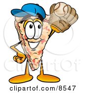Clipart Picture Of A Slice Of Pizza Mascot Cartoon Character Catching A Baseball With A Glove by Toons4Biz