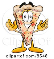Slice Of Pizza Mascot Cartoon Character With Welcoming Open Arms