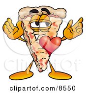 Clipart Picture Of A Slice Of Pizza Mascot Cartoon Character With His Heart Beating Out Of His Chest by Toons4Biz