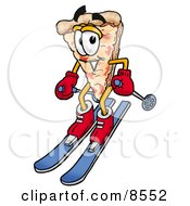 Clipart Picture Of A Slice Of Pizza Mascot Cartoon Character Skiing Downhill by Toons4Biz