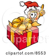 Poster, Art Print Of Slice Of Pizza Mascot Cartoon Character Standing By A Christmas Present