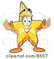 Star Mascot Cartoon Character Wearing A Birthday Party Hat