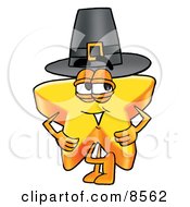 Poster, Art Print Of Star Mascot Cartoon Character Wearing A Pilgrim Hat On Thanksgiving
