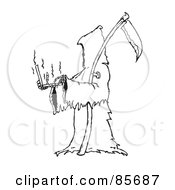 Royalty Free RF Clipart Illustration Of An Outlined Grim Reaper Standing And Using A Laptop