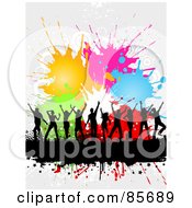 Poster, Art Print Of Dancing Black Silhouetted People Over A Text Bar With Halftone And Colorful Splatters
