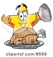 Poster, Art Print Of Star Mascot Cartoon Character Serving A Thanksgiving Turkey On A Platter