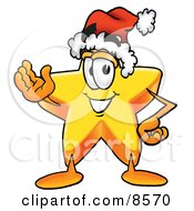 Poster, Art Print Of Star Mascot Cartoon Character Wearing A Santa Hat And Waving
